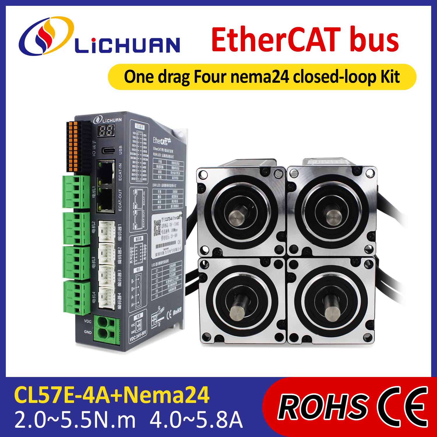 EtherCAT 2Phase Nema24 4-assige DC stappenmotordrivers met gesloten lus