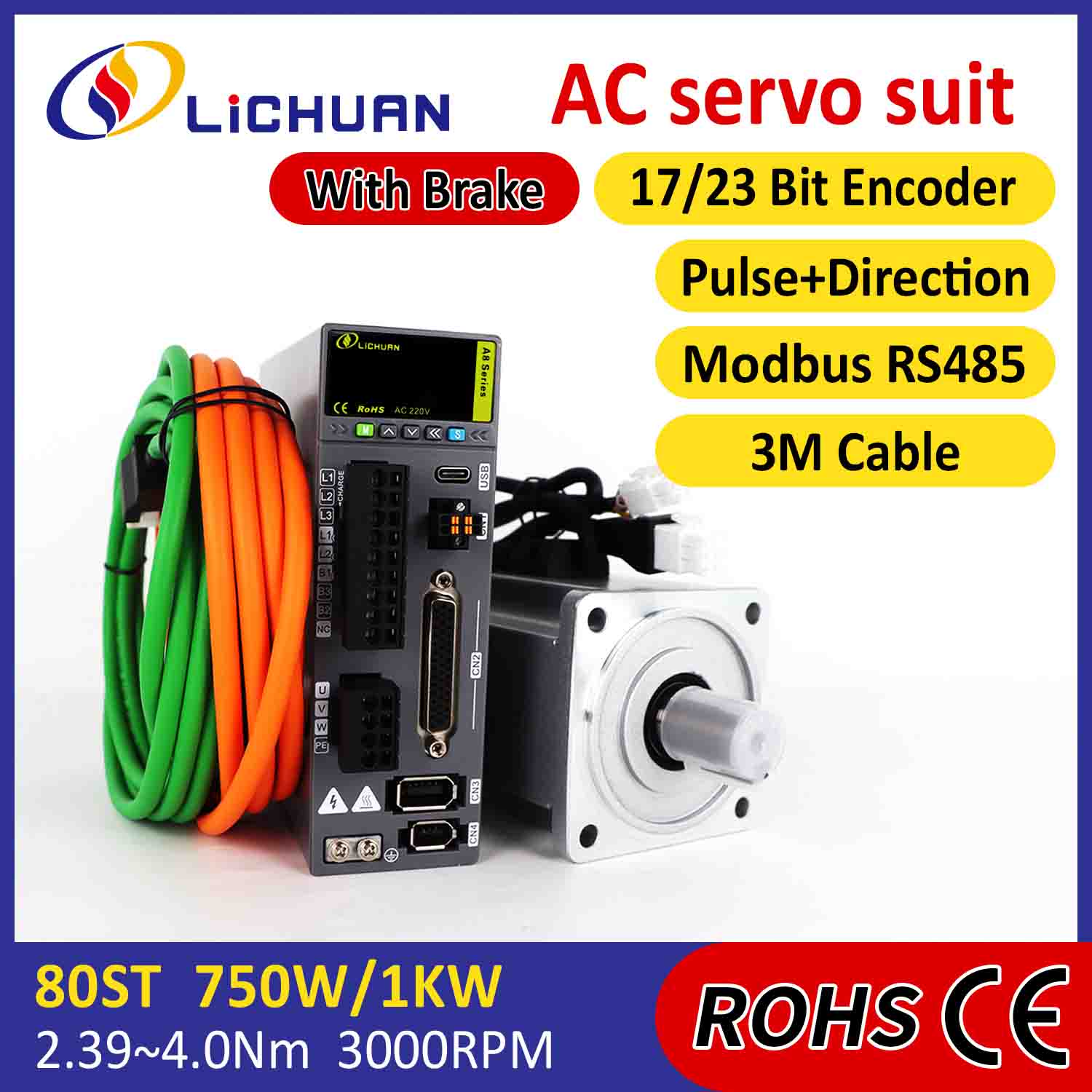 Lichuan AC Servomotor Drivers Kit A8 Hoge Nauwkeurigheid STO ABZ 1000 W 1KW 3.2N.m 220 V 5.8A 2500/3000 RPM IP65
