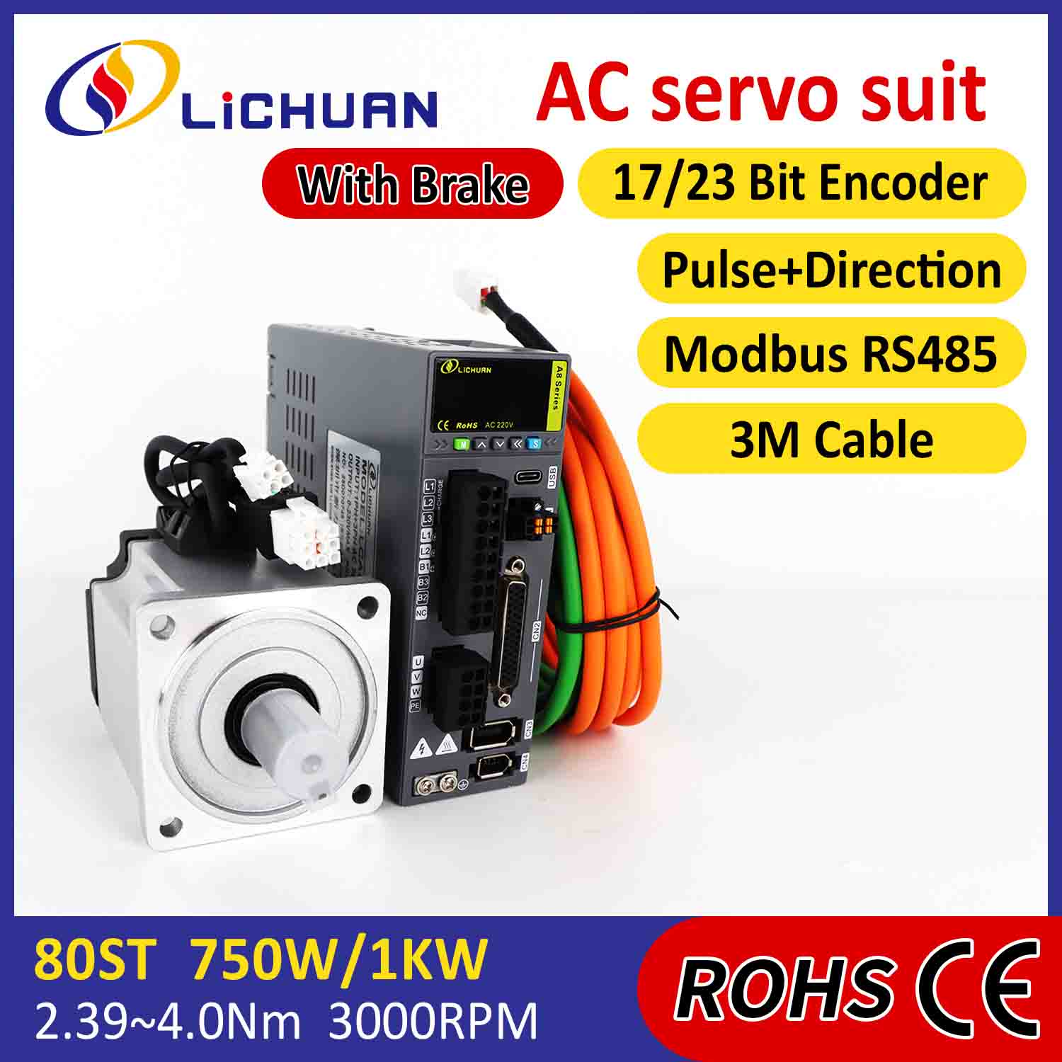 Lichuan AC Servomotor Drivers Kit A8 Hoge Nauwkeurigheid STO ABZ 1001W 1KW 4.0N.m 220V 4.6A 2500/3000 RPM IP65