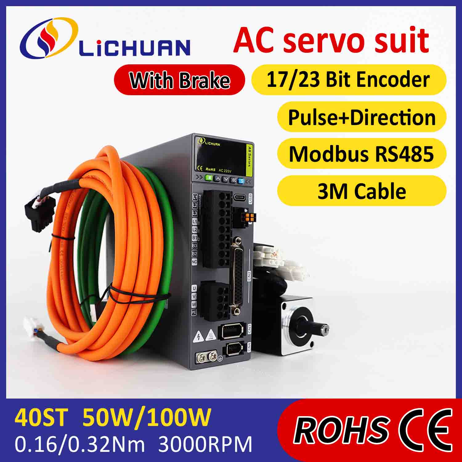 Lichuan AC Servomotor Drivers Kit A8 Hoge Nauwkeurigheid STO ABZ 100W 0.32N.m 220V 1.1A 3000RPM IP65