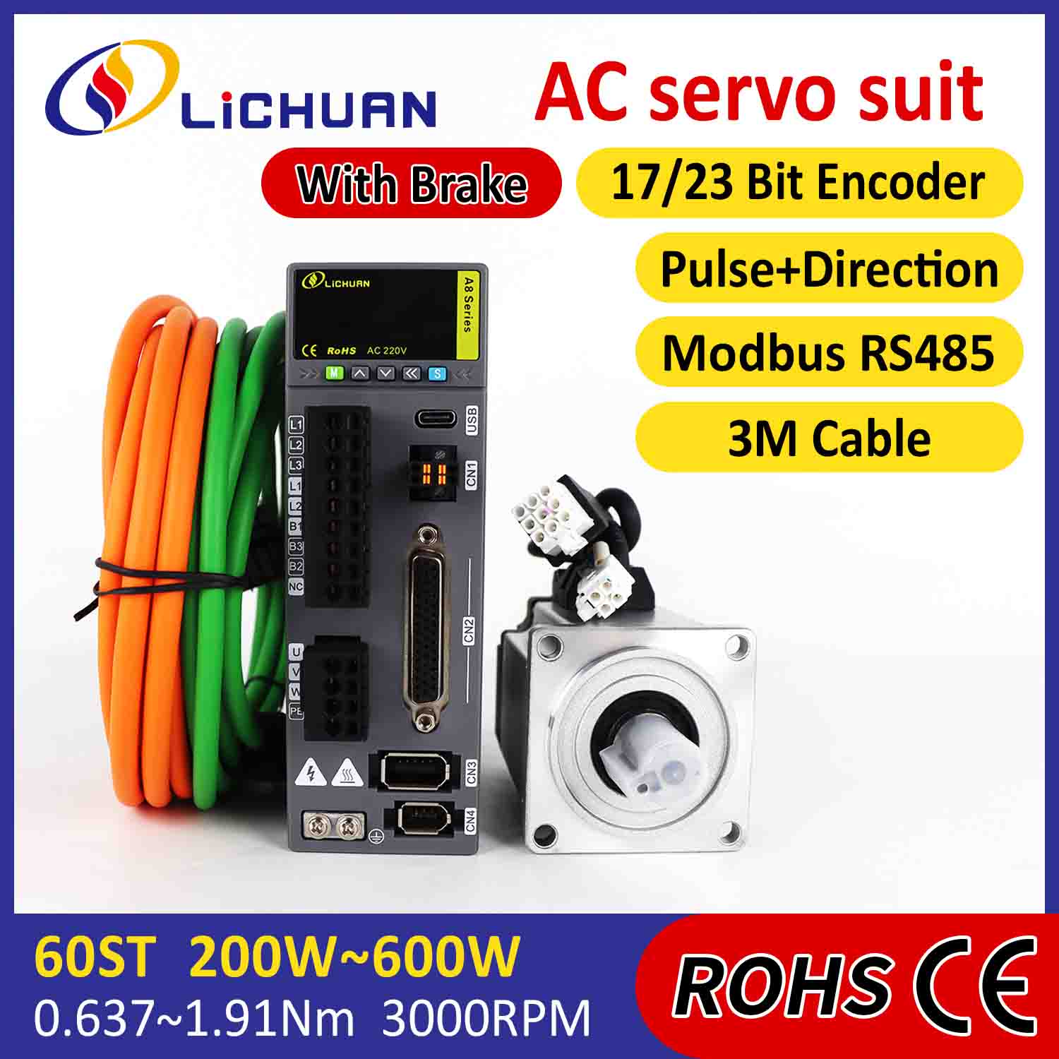Lichuan AC Servomotor Drivers Kit A8 Hoge Nauwkeurigheid STO ABZ 200W 0.637N.m 220V 1.6A 3000RPM IP65