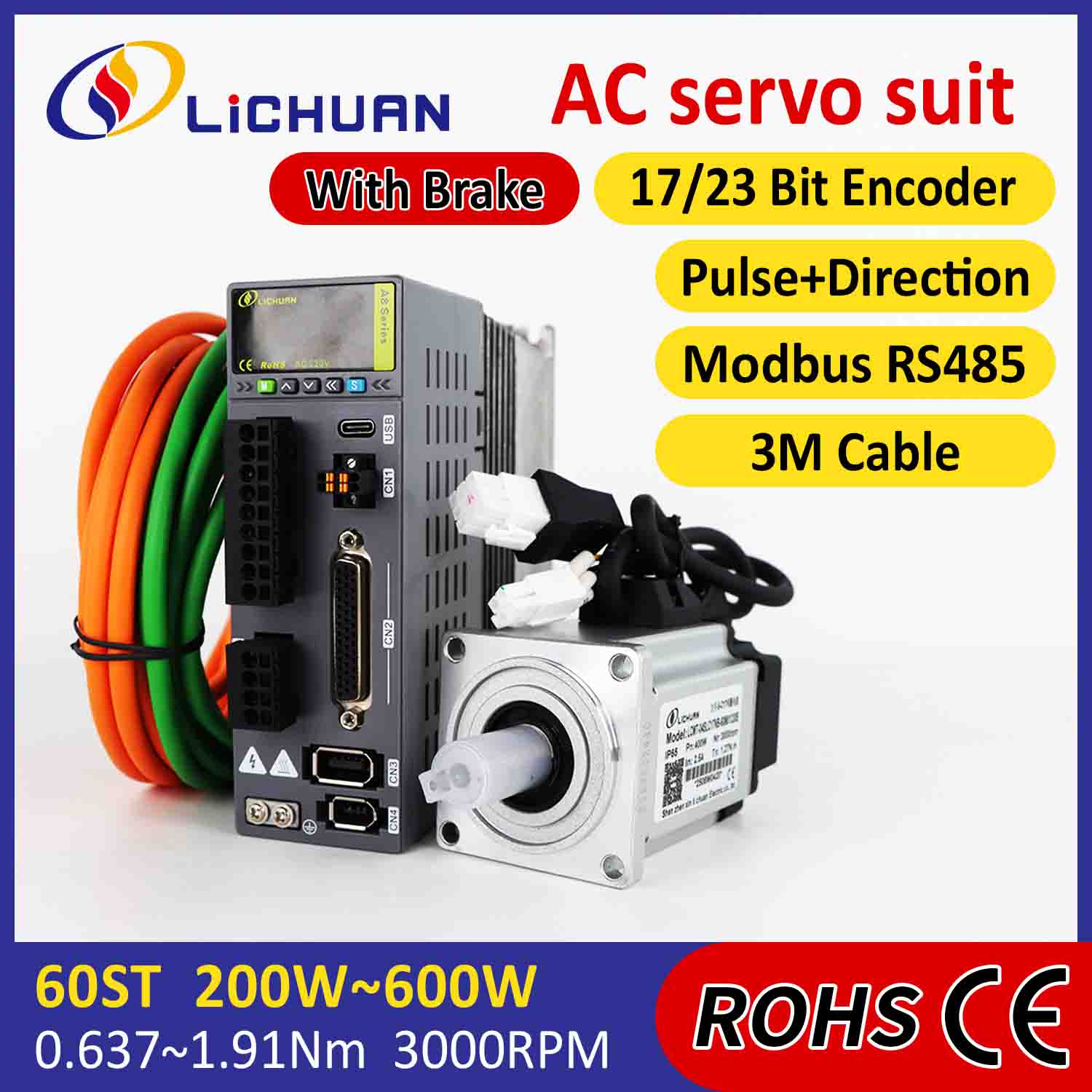Lichuan AC Servomotor Drivers Kit A8 Hoge Nauwkeurigheid STO ABZ 400W 1.27N.m 220V 2.5A 3000RPM IP65