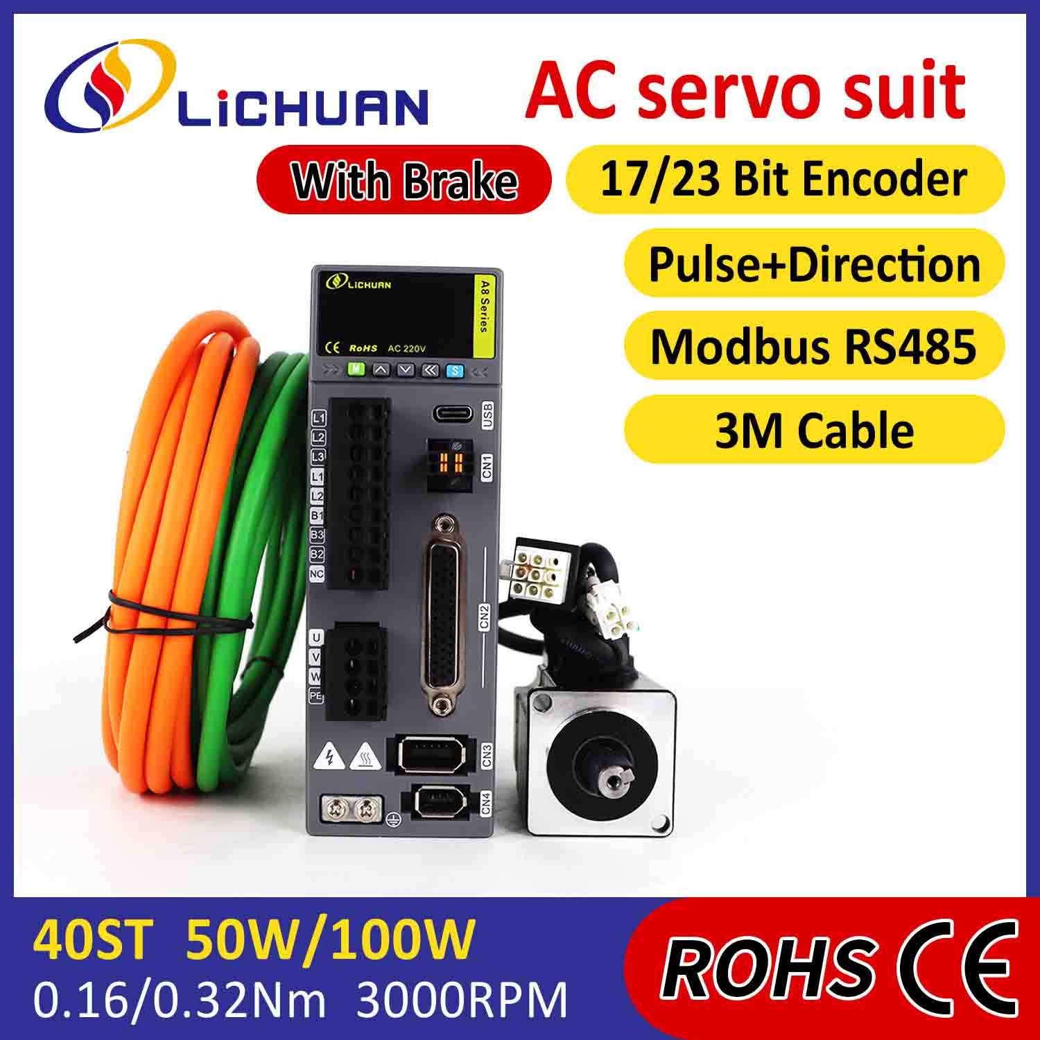 Lichuan AC Servomotor Drivers Kit A8 Hoge Nauwkeurigheid STO ABZ 50W 0.16N.m 220V 0.8A 3000RPM IP65