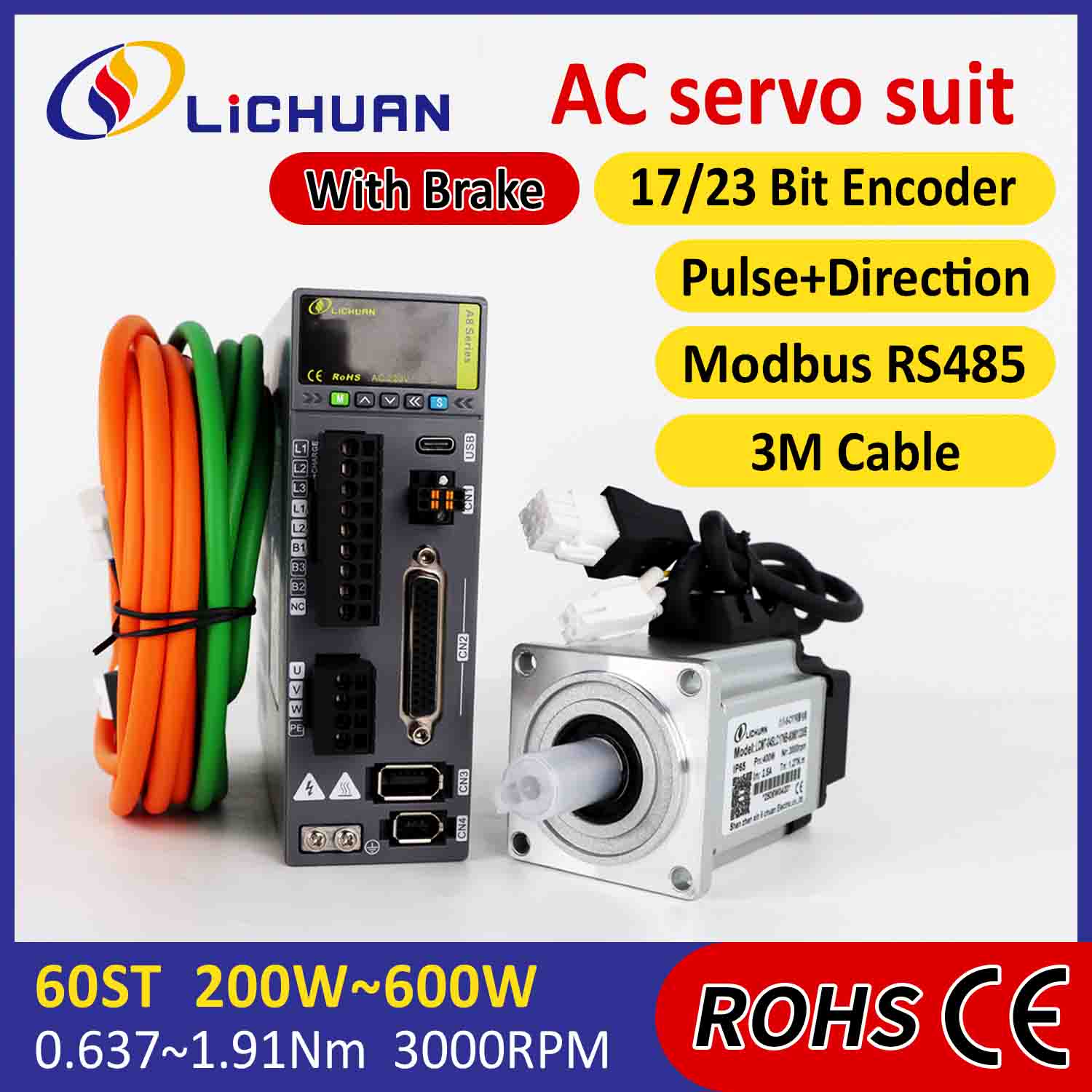 Lichuan AC Servomotor Drivers Kit A8 Hoge Nauwkeurigheid STO ABZ 600W 1.91N.m 220V 3.3A 3000RPM IP65