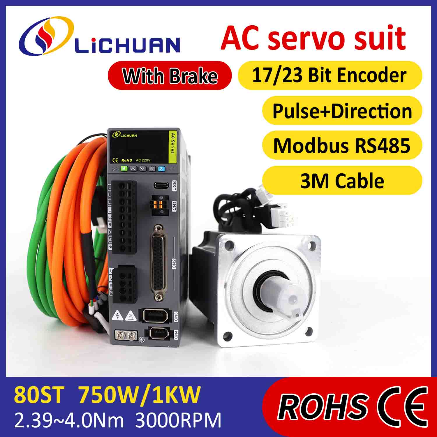 Lichuan AC Servomotor Drivers Kit A8 Hoge Nauwkeurigheid STO ABZ 750W 0.75KW 2.39N.m 220V 4.5A 2500/3000 RPM IP65