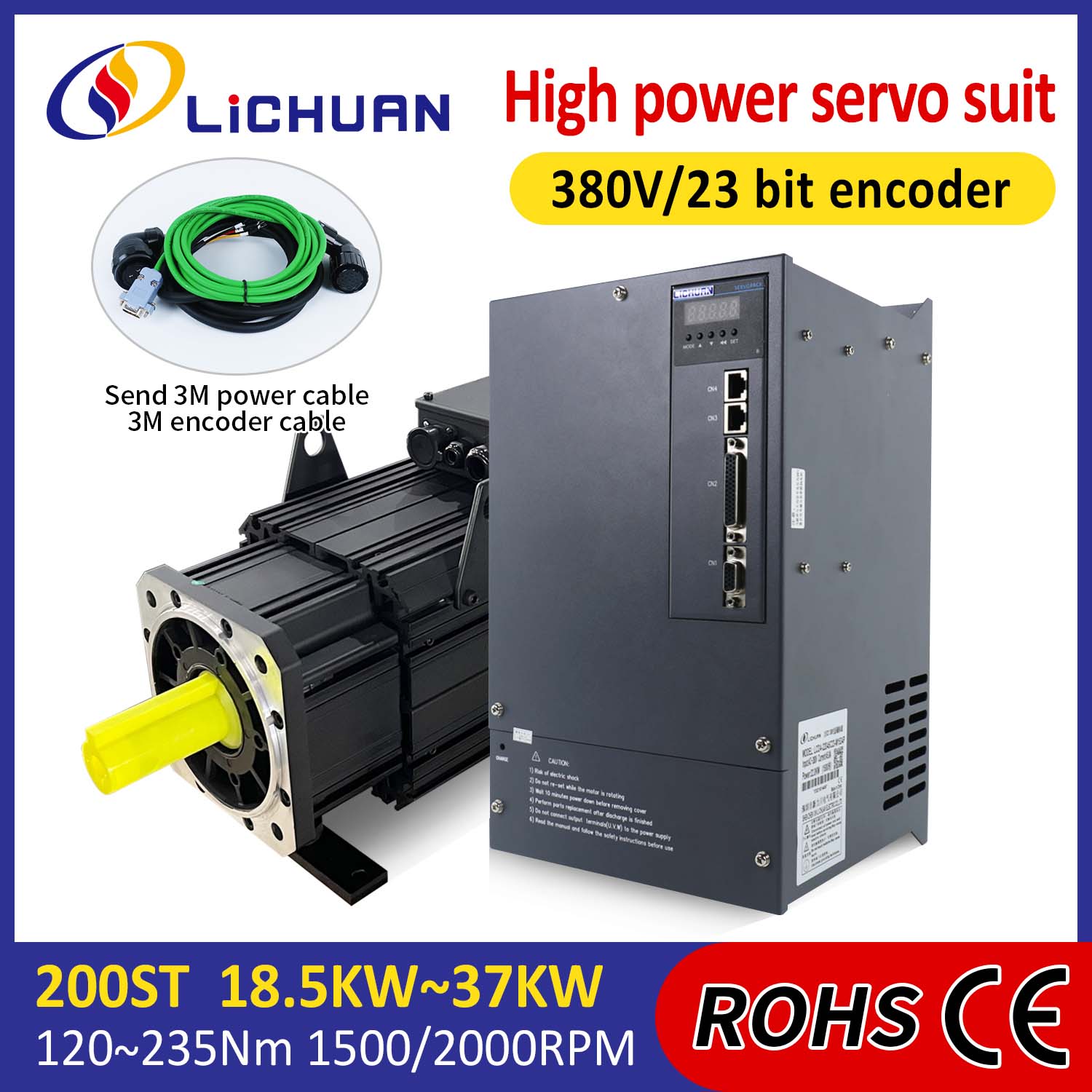 Lichuan AC Servomotor Drivers Kit HOGE VERMOGEN 140N.m 22KW AC380V 44.7A 1500/2000 RPM IP65