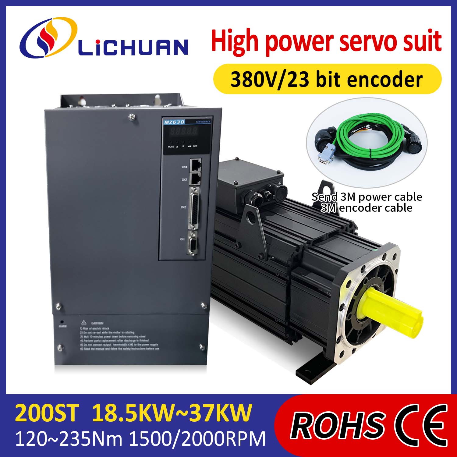 Lichuan AC Servomotor Drivers Kit HOGE VERMOGEN 88N.m 18.5KW AC380V 31.6A 1500/2000 RPM IP65