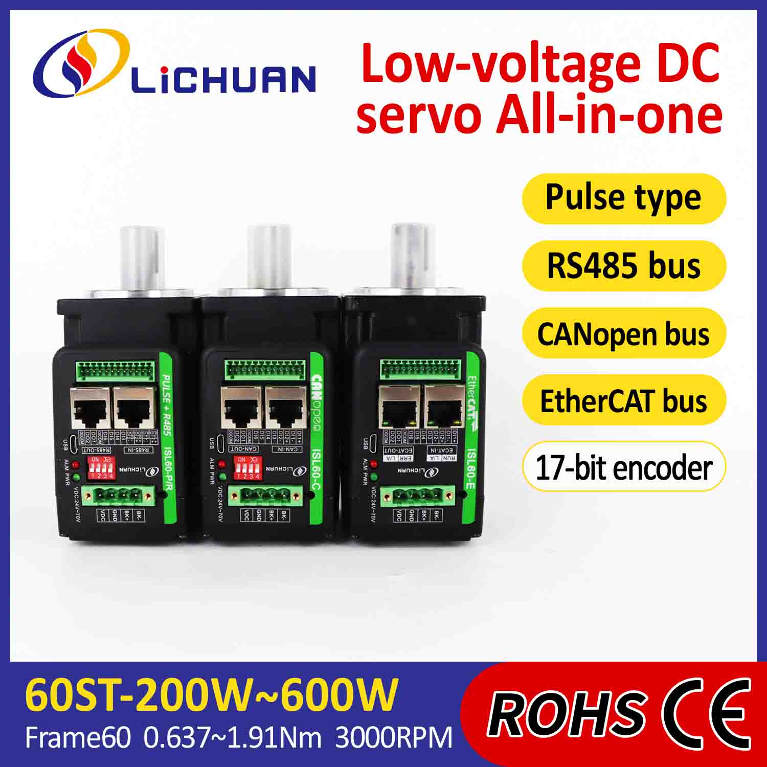 Lichuan Geïntegreerde Servomotoren Driver L-vormig 200W 0.637N.m DC24/48V 6.0/10/12/15A 3000RPM IP65