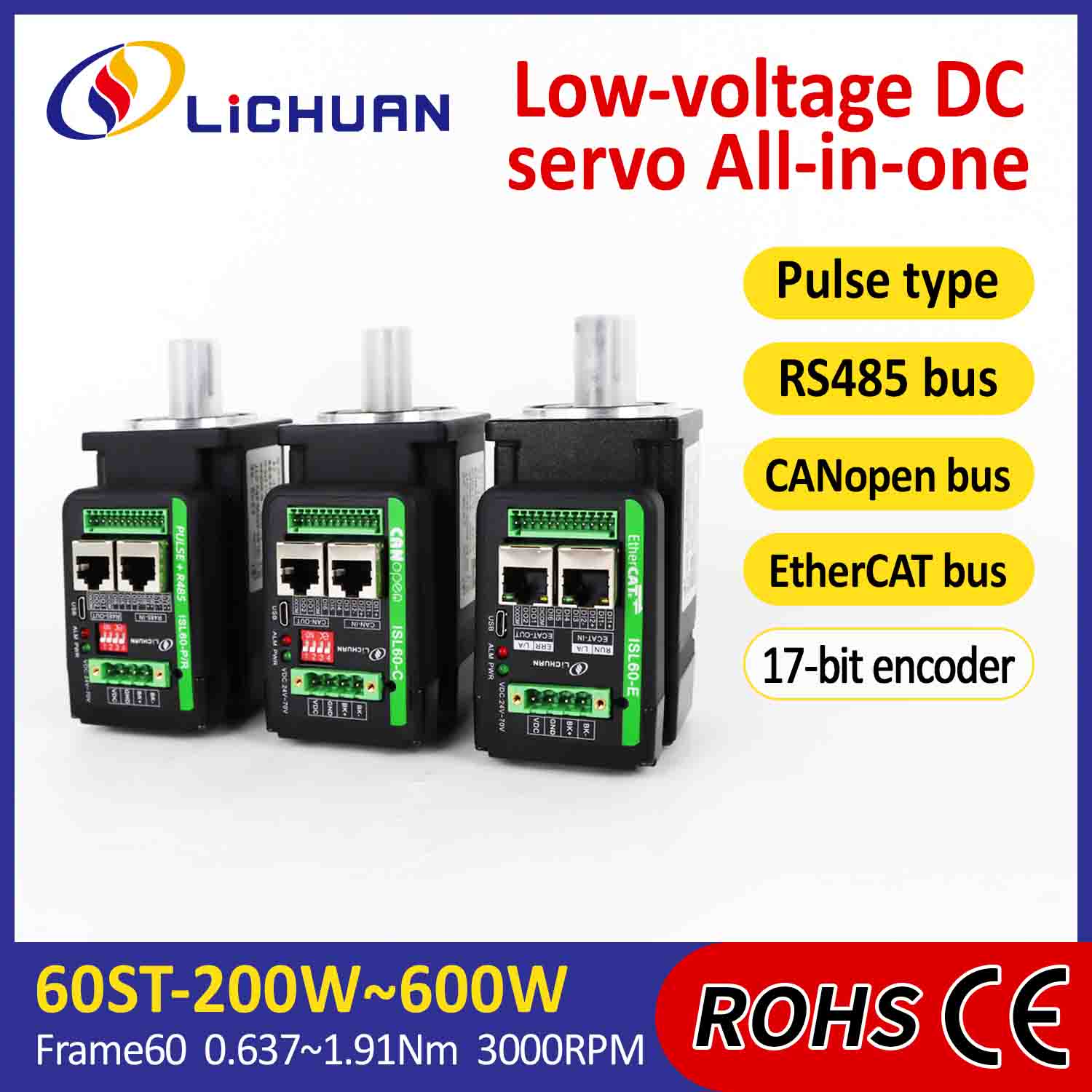 Lichuan Geïntegreerde Servomotoren Driver L-vormig 400W 1.27N.m DC24/48V 6.0/10/12/15A 3000RPM IP65