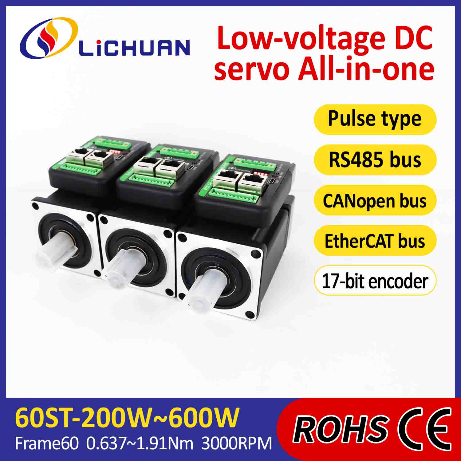 Lichuan Geïntegreerde Servomotoren Driver L-vormig 600W 1.91N.m DC24/48V 6.0/10/12/15A 3000RPM IP65