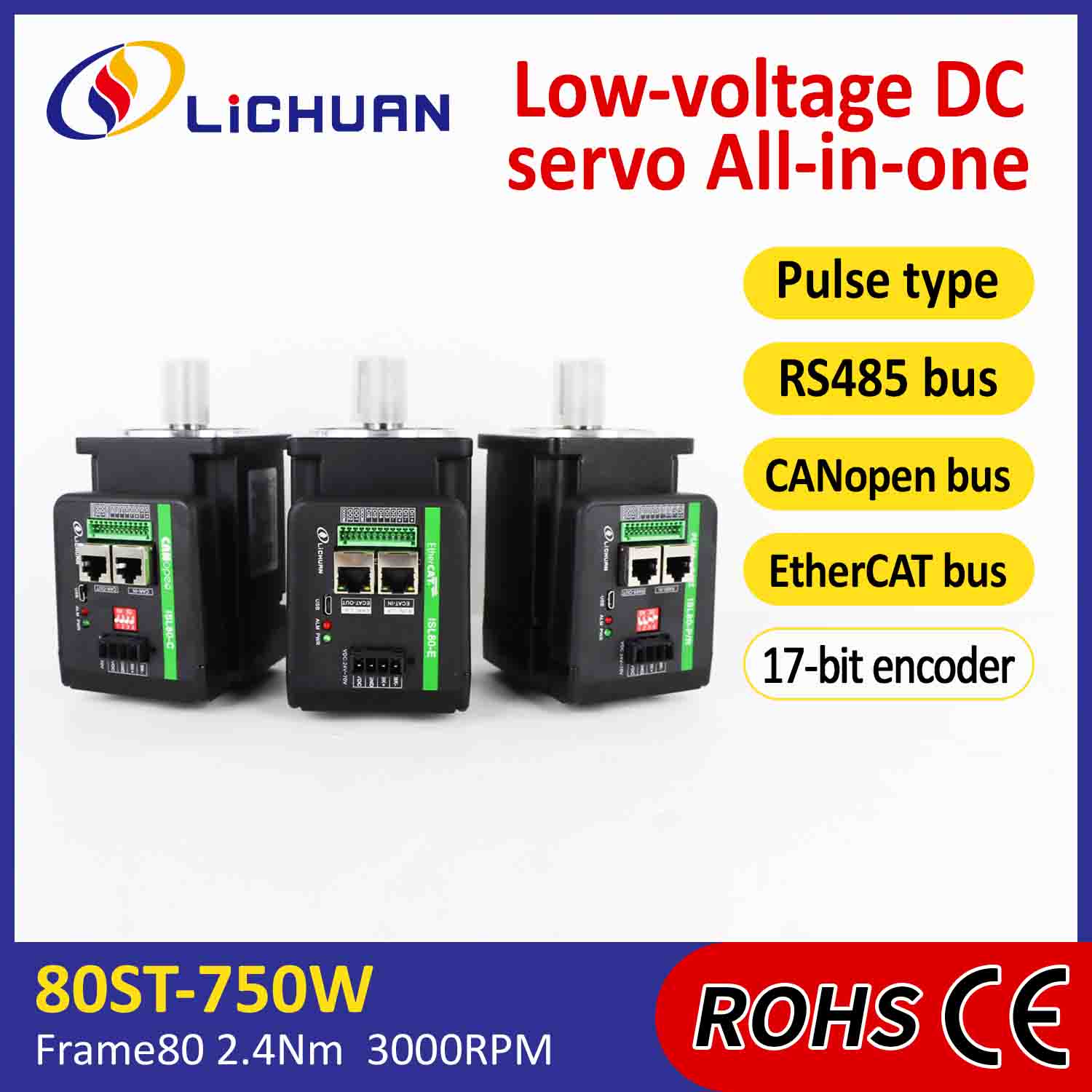 Lichuan Geïntegreerde Servomotoren Driver L-vormig 750W 2.4N.m DC48V 20A 3000RPM IP65