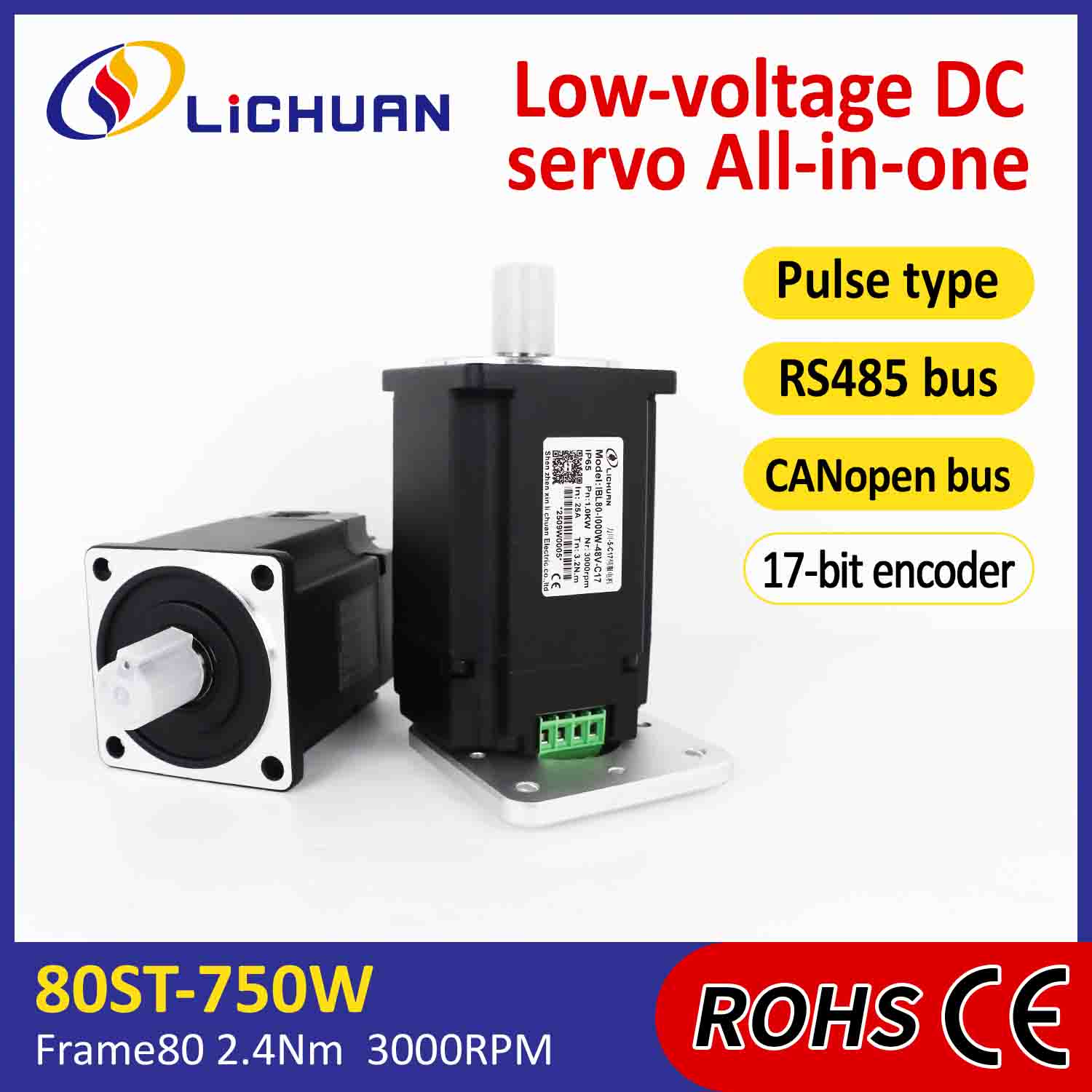 Lichuan Geïntegreerde Servomotoren Driver Pulse/RS485/CANopen Controle 1000W 3.2N.m DC48V 20/25A 3000RPM IP65
