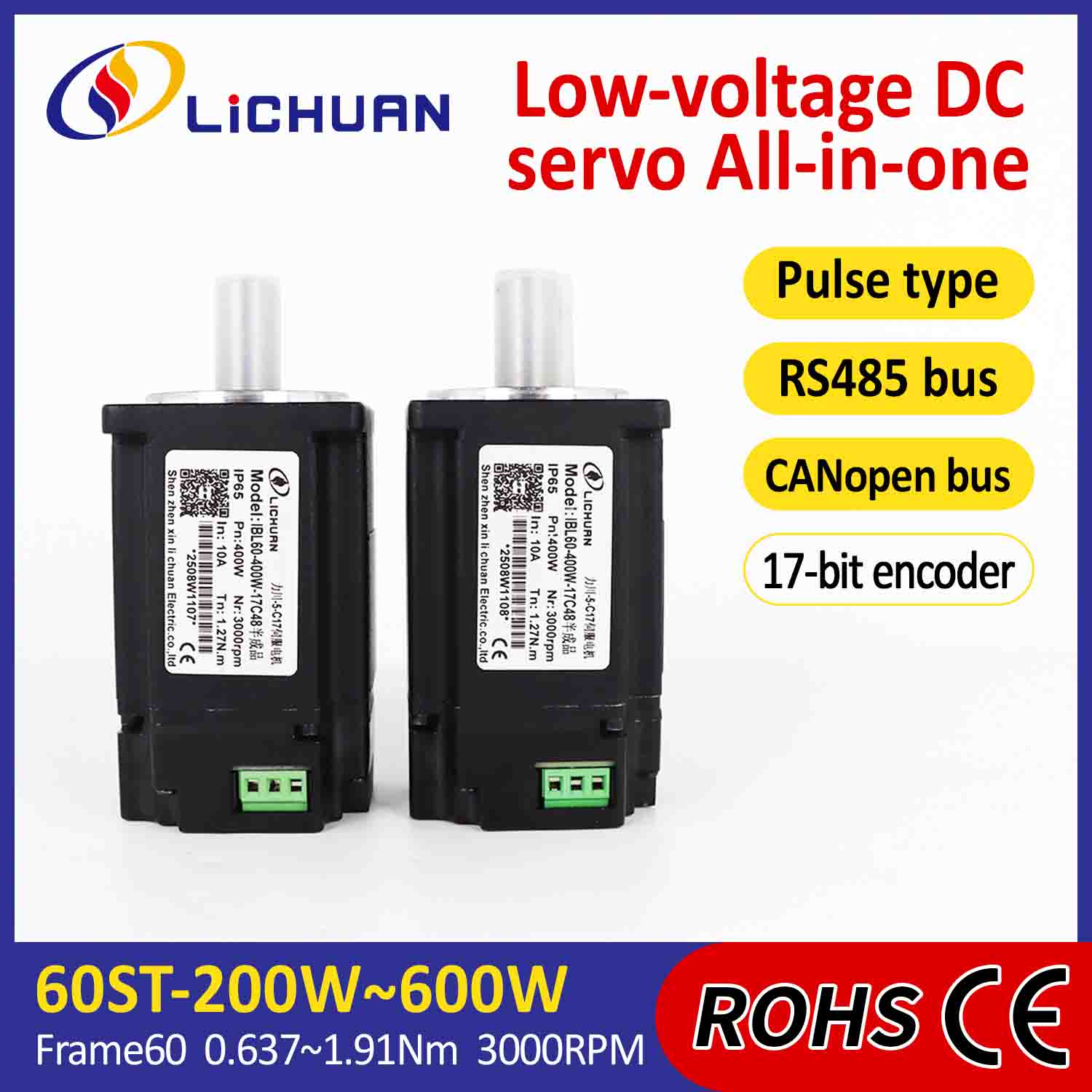 Lichuan Geïntegreerde Servomotoren Driver Pulse/RS485/CANopen Controle 200W 0.637N.m DC24/48V 6/10/12/15A 3000RPM IP65