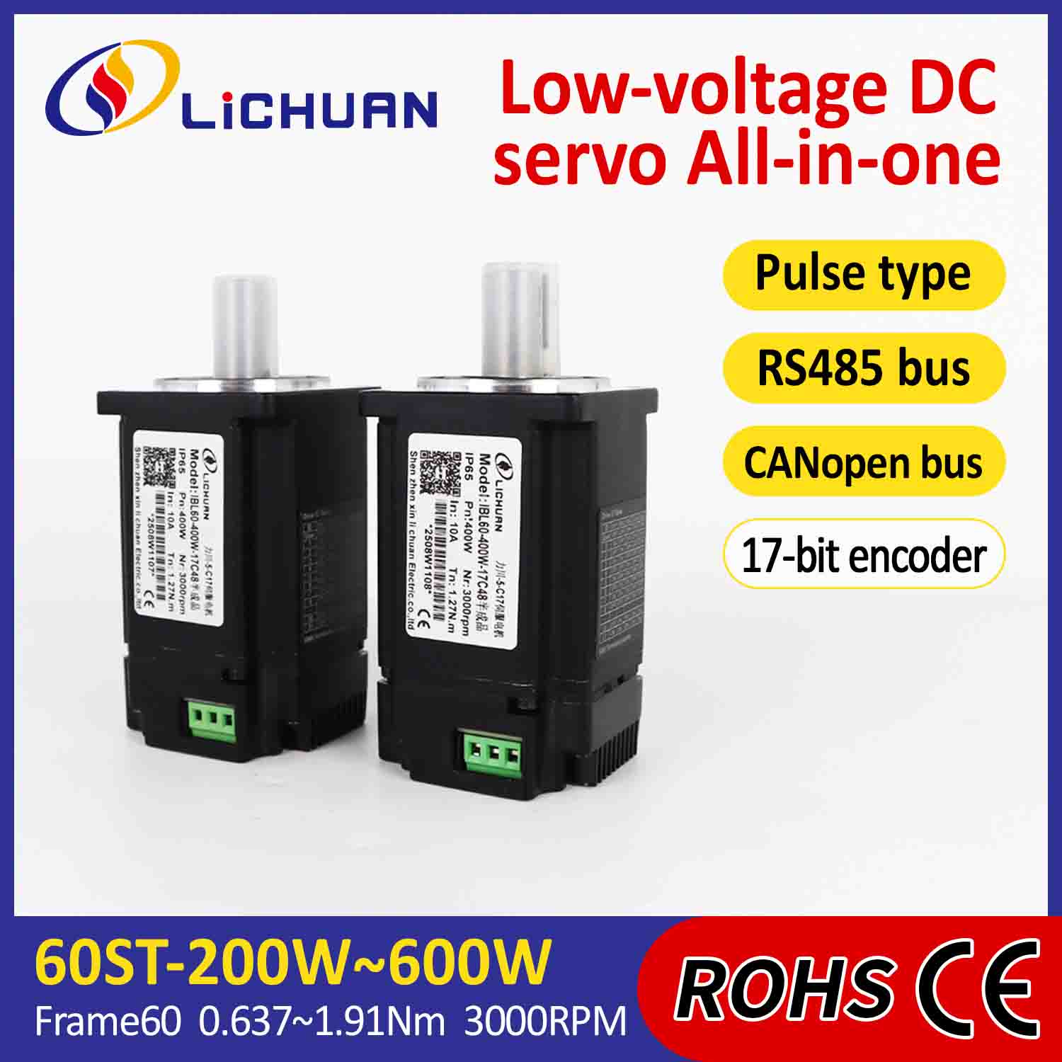 Lichuan Geïntegreerde Servomotoren Driver Pulse/RS485/CANopen Controle 400W 1.27N.m DC24/48V 6/10/12/15A 3000RPM IP65