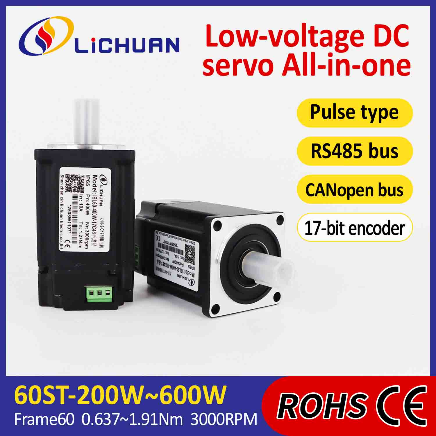 Lichuan Geïntegreerde Servomotoren Driver Pulse/RS485/CANopen Controle 600W 1.91N.m DC24/48V 6/10/12/15A 3000RPM IP65