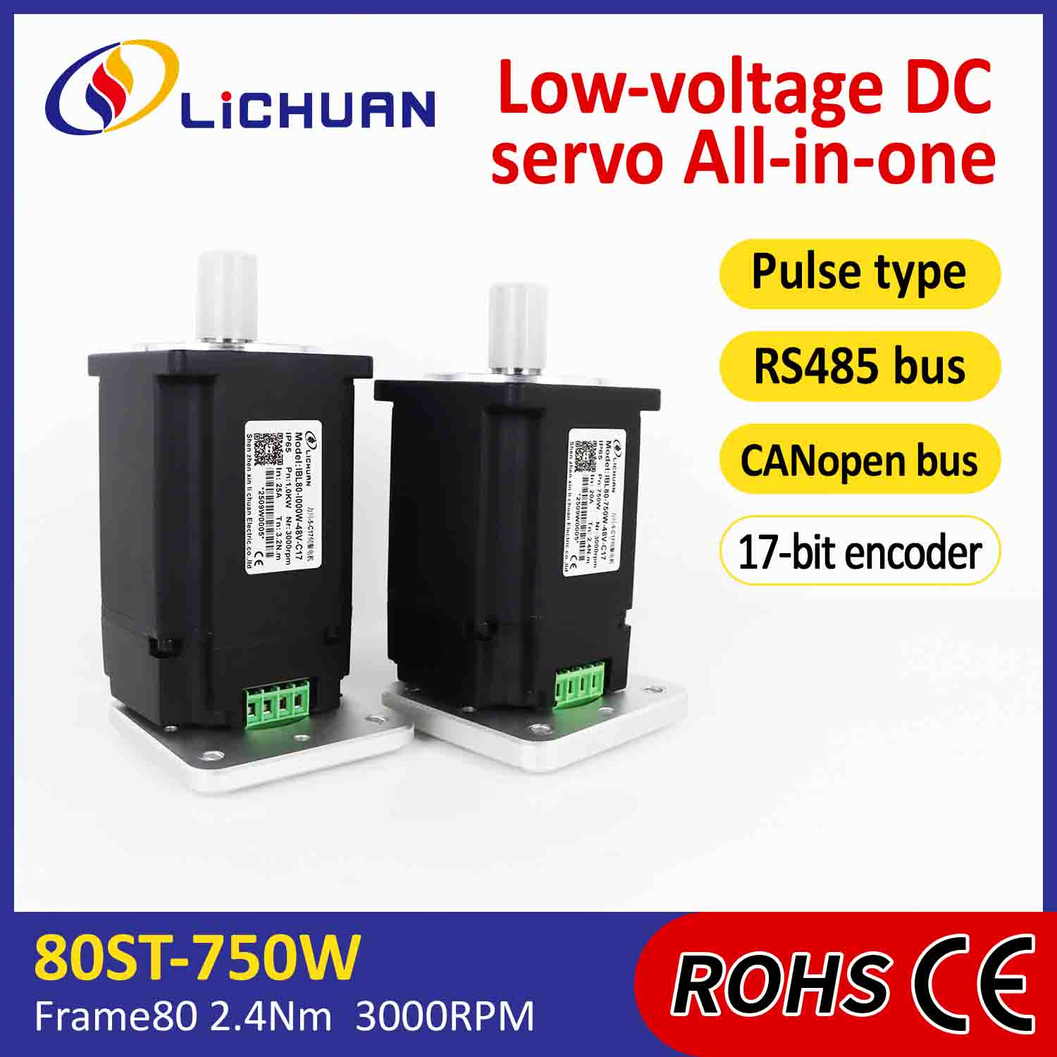 Lichuan Geïntegreerde Servomotoren Driver Pulse/RS485/CANopen Controle 750W 2.4N.m DC48V 20/25A 3000 RPM IP65