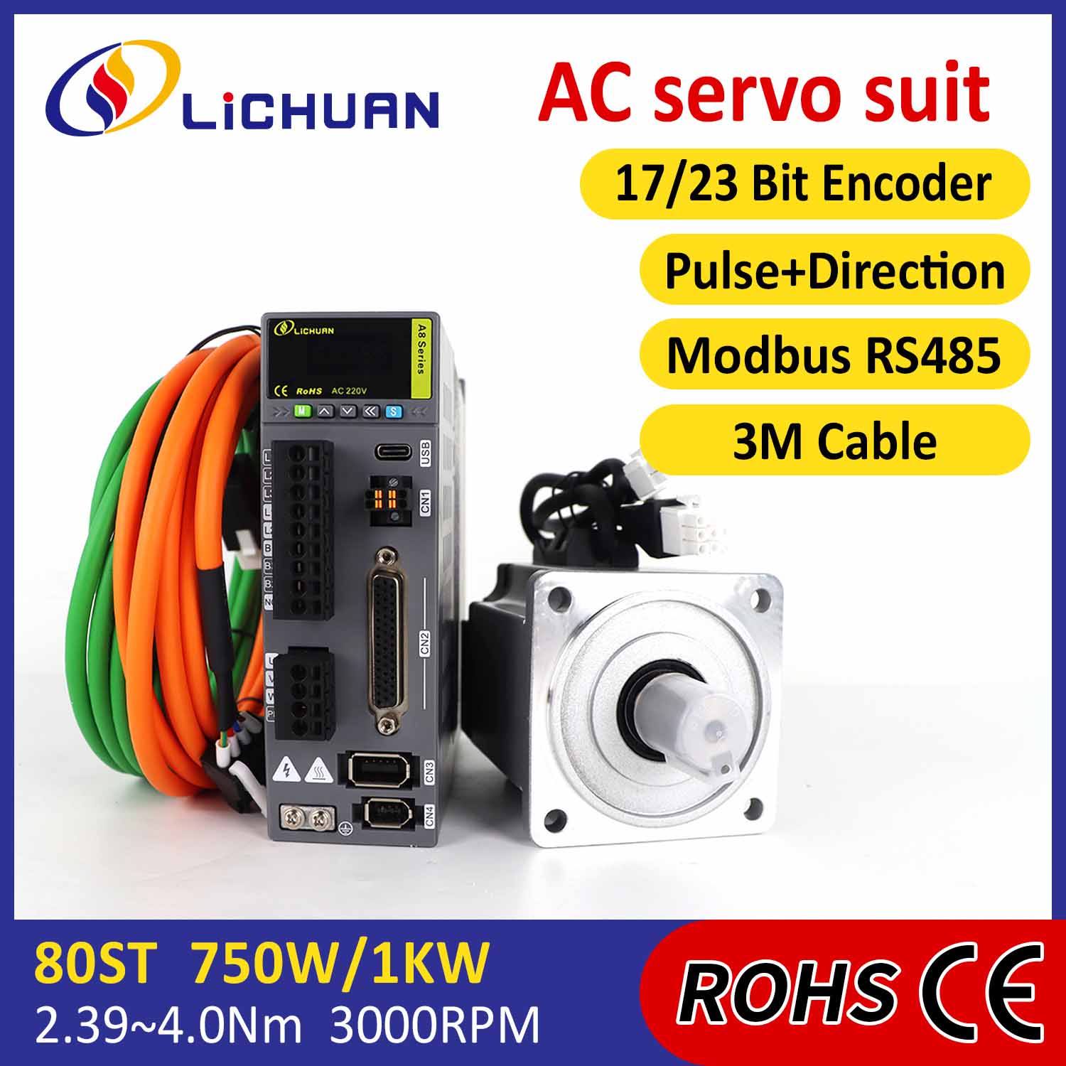 Pulse/RS485 750 W/1000 W/1001 W 2500/3000 RPM A8 Hoge Nauwkeurigheid STO ABZ AC Servomotor Drivers Kit