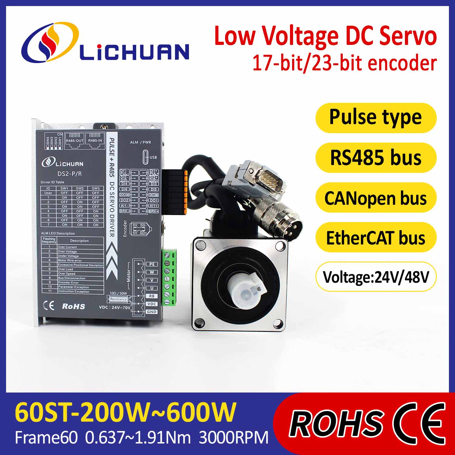 Pulse/RS485/CANopen/EtherCAT 60 FLANGED 200W/400W/600W Laagspanning DC servomotordriverskit